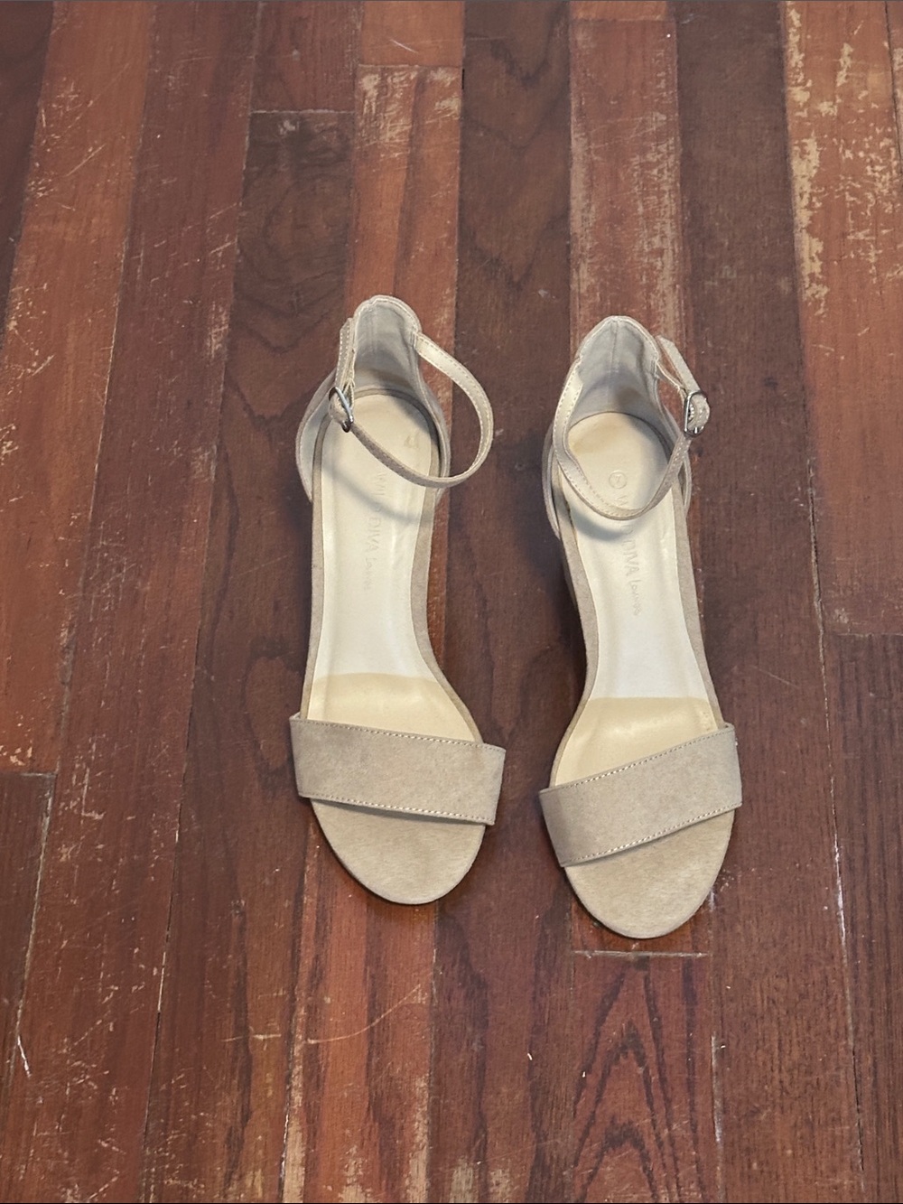 Wild Diva Beige Ankle-Strap Suede Heels